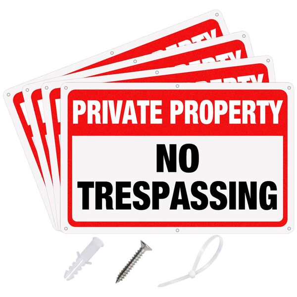 S-Union Private Property No Trespassing Sign,4 Packs (10.5 x 8 Inches) Private Property Signs Outdoor No Trespassing with Screws and Zip Ties,Reflective Aluminum Signs for Indoor and Outdoor Use