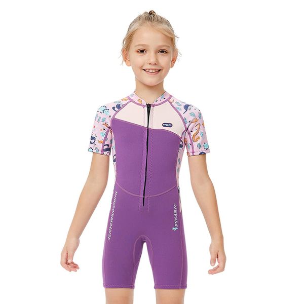 Mädchen 2.5mm Neoprenanzug Kinder Einteiler Tauchanzug Tropisch Violet Kurzarm Shorty Badeanzug Schnorchel One Piece Wetsuit XL