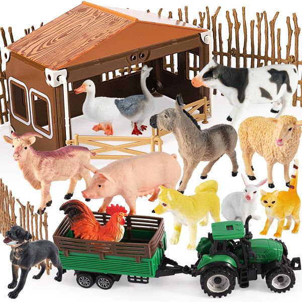 BUYGER Farm Animals Figures Set, Different Size with Tractor Trailer Vehicle Toy, Assemble Fence Farm House Barn Playset Gifts for 3 4 5 Year Olds Kids Toddler