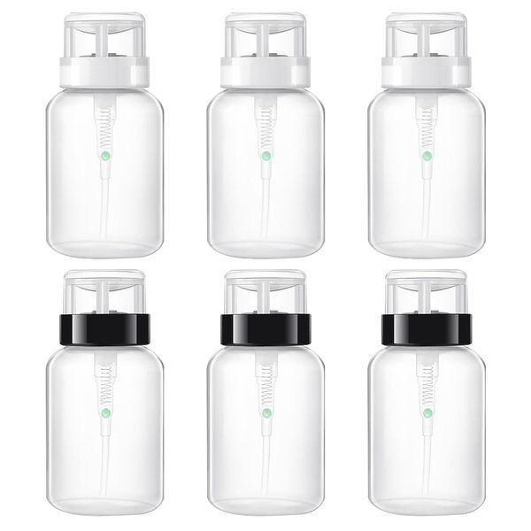 200ml Nail Cleaner Bottle Nail Pump Bottle Pump Dispenser Transparent Liquid Bottle Rotating Locking Makeup Removal Dispenser Bottles (Black & White 6 Pcs)