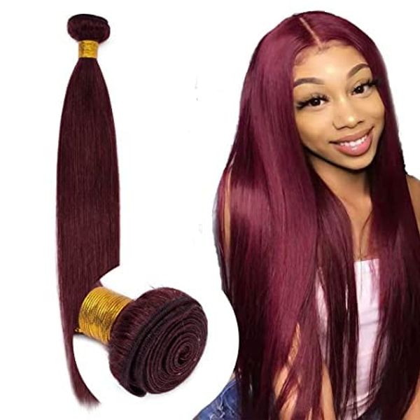 8A Brazilian Virgin Hair 99j Burgundy Straight Hair Weaves Bundle Free Part Red Wine Color 100% Unprocessed Human Hair Weft Weaves (30 INCH)…