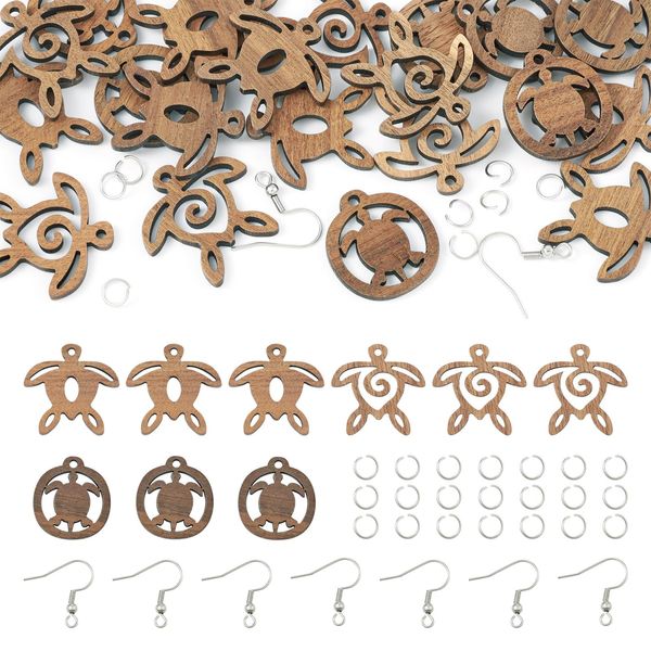 Cheriswelry 72Pcs/Box Wood Earring Making Kit with Turtle Wooden Pendants Earring Hooks Jump Rings 27mm for DIY Ocean Jewelry Making Decoration