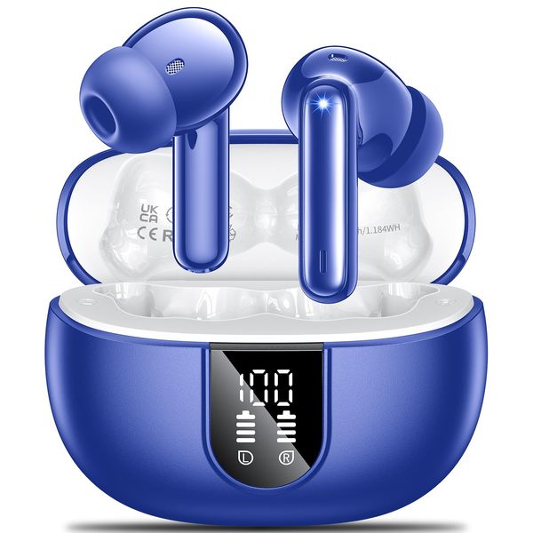 Wireless Earbuds,Wireless Earphones Bluetooth 5.3 in Ear with 4 Mic ENC Calls Noise Cancelling Wireless Headphones Mini LED Display HiFi Stereo 42H Playtime Bluetooth Earbuds IP6 Waterproof Blue