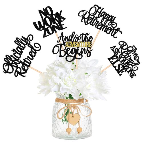 15 PCS Happy Retirement Centerpiece Sticks Officially Retired Table Flower Centerpieces Sticks No Work Zone Floral Decorations for Retirement Theme Farewell Birthday Party Centerpieces Supplies Black