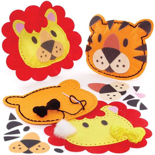 Baker Ross FC883 Lion and Tiger Cushion Sewing Kits - Pack of 2, Craft Kits for Kids, Sewing Crafts for Kids