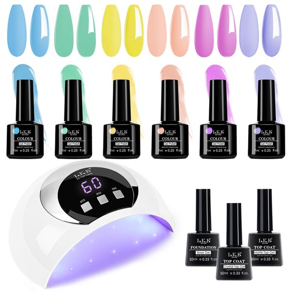 Gel Nail Kit 6 Colors Gel Nail Polishes Set with 54W UV Lamp for Gel Nails, Glossy & Matte Top and Base Coat, Pink Purple Gray White Gel Nail Polish Set with Lamp Starter Kit for Nail Art DIY at Home.