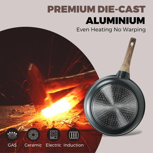 ZHANG XIAO QUAN SINCE 1628 Cast Aluminum Nonstick Frying Pan 8 Inches with Non-Toxic Coating, Skillet with Bakelite Wood Grain Handle, Omelet Pan Even Heating Cookware, PFOA/PFOS Free, Black (8'')
