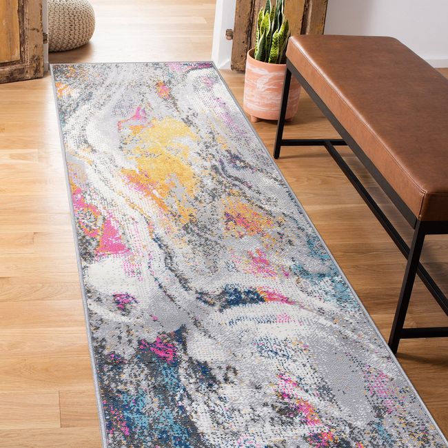 Rugs Runner Distressed Abstract Watercolor Stain Resistant Soft Rugs for Bedroom