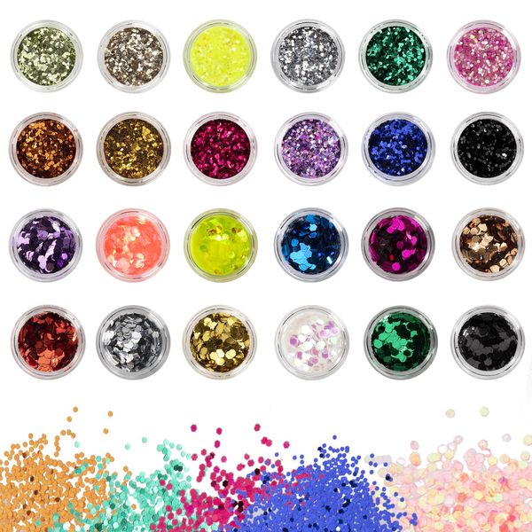 Nagel Glitzer Nail Art Pailletten für Gesicht Nägel Augen Lippen Haare Körper Make-Up Glitzer für Clubs Musik Masquerade Halloween Weihnachten Party 24 Farben