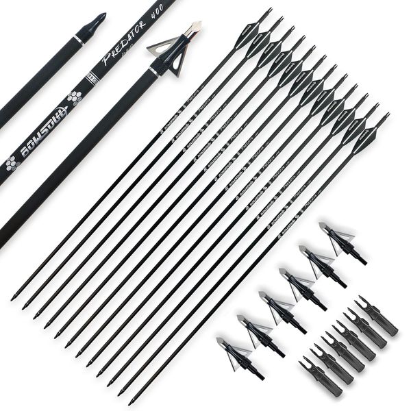 BOWSOUL 30inch Hunting Carbon Archery Arrows with 2.75” High Hardness Vanes Spine 400 for Compound Bow and Recurve Bow (Black White&Broadheads)