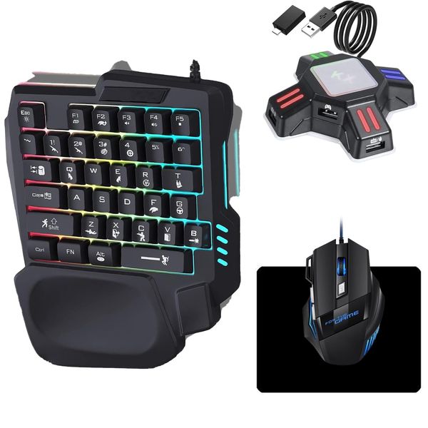 One Hand Keyboard Mouse Converter Set Switch Keyboard Mouse Set Fortnite Keyboard Support Switch/switch lite/PS4/PS3/Xbox RGB Gaming Keyboard Gaming Mouse Connection Adapter Max 6400DPI Perfect for
