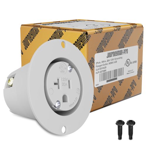 Journeyman-Pro HJP-5379WH 20 AMP 110,120-125 Volt, NEMA 5-20R Flanged Outlet, White Commercial Grade, 2 Pole-3 Wire, Straight Blade Plug EV Charger Receptacle Socket (No Covers)