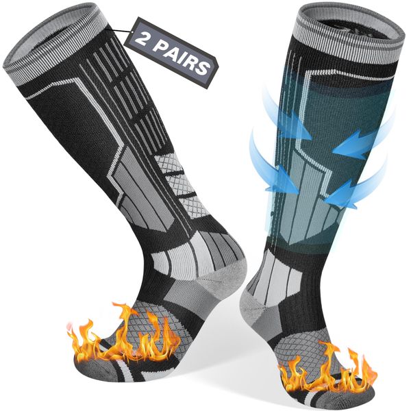 Reamphy 2 Paar Skisocken Merino Wollsocken Thermosocken für Herren Damen, Atmungsaktiv Kompressionsstrümpfe Warme Stützstrümpfe Kniehoch Dicke Kompressionssocken für Wintersport, Snowboard, 43-47