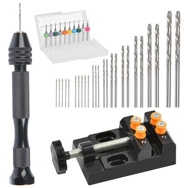 37PCS Mini Hand Drill Set for Crafts, Pin Vise Precision Twist Drill Bits with Mini Drill Press Vise, Manual Drill Set for Craft Carving Models Hobby DIY, 0.5-3mm Drilling Bits & 0.3-1.2 mm PCB Drill