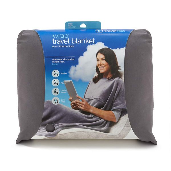 TRAVELREST 4-in-1 Travel Blanket - Pillow Blanket for Airplanes, Compact Travel Blanket, Built in Carry Case, Ultra Plush and Soft for Long Travels, Wearable Blanket, Zippered Pocket - Grey, Regular