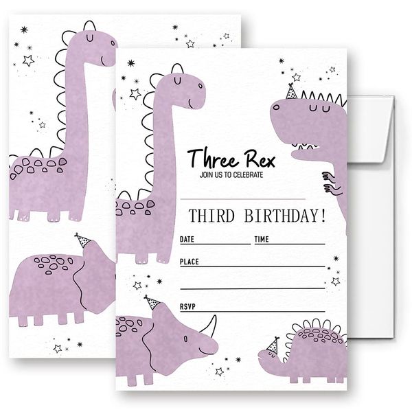 LoaHak Three Rex Birthday Party, Jurassic Dinomite 3rd Birthday Girl Party Invitations, Dino Birthday Party Invitation. (025)