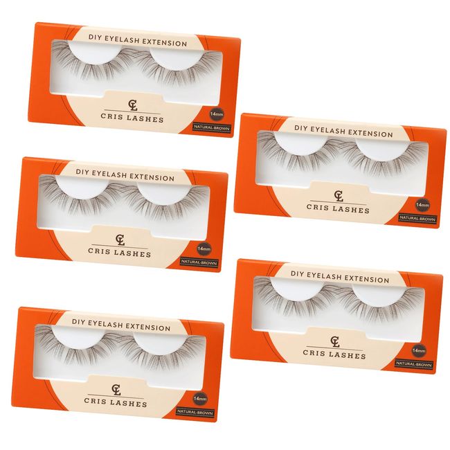 Cluster Lashes, False Eyelashes Clusters, 5-Pack Portable Cluster Lash Extensions, Crislashes Reusable 50 PCS Individual Lashes for Home Travel Date Use, Style 'NATURAL-Brown-14mm'