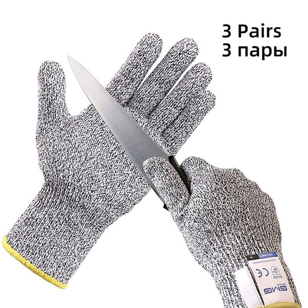 Cut Resistant Gloves GMG Gray Black HPPE EN388 Level 5 ANSI Work Safety Protection, 3 Pairs, S