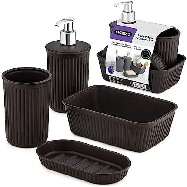 Decorative Brown Bathroom Accessory Set, Plastic 4 Pk. Ribbed Design Soap Holder