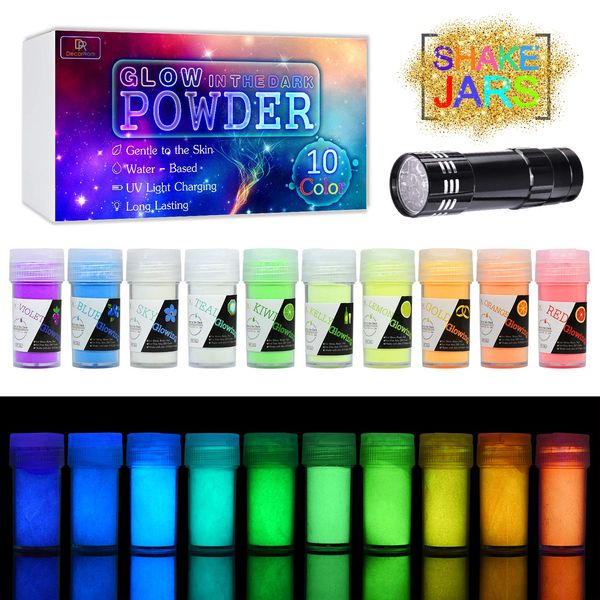 10 Colour Glow In The Dark Pigment Powder with UV Lamp - Epoxy Resin Luminous Powder Skin Safe Long Lasting Self Glowing Dye for DIY Nail Art,Acrylic Paint,Fine Art, 20g Each(Total 7oz)