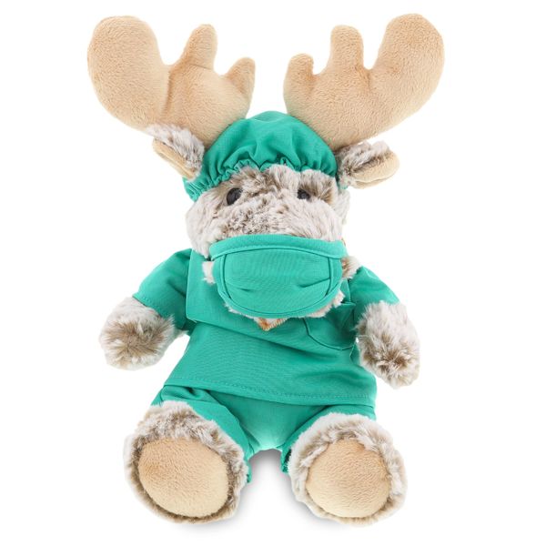 DolliBu Sitting Moose Doctor Plush Toy - Super Soft Stuffed Animal Dress Up with Cute Scrub Uniform & Cap Outfit - Fluffy Doctor Plush Gift with Personalization - 11" Inches