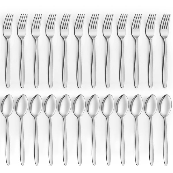 24 Pcs Forks and Spoons, Unokit Forks and Spoons Silverware Set, Food Grade Stainless Steel Silverware Set, 12 Dinner Spoons and 12 Dinner Forks, For Home/Kitchen, Mirror Polished and Dishwasher Safe