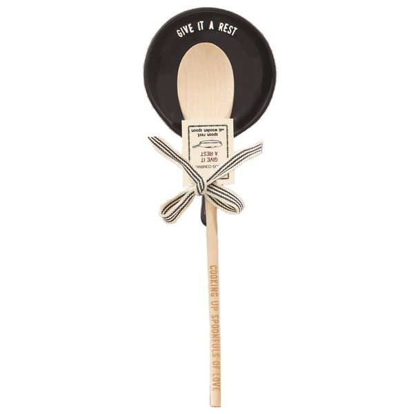 Giftable Wooden Spoon and Cast Iron Spoon Rest Set with Cute Sayings - Give It a Rest