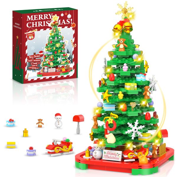 Alagoo Christmas Tree Building Blocks Kit, Surprise Christmas Tree with Lights Creative Toy Building Sets, Home Christmas Decor Building Toys for 6+ Year Old Boys/Girls