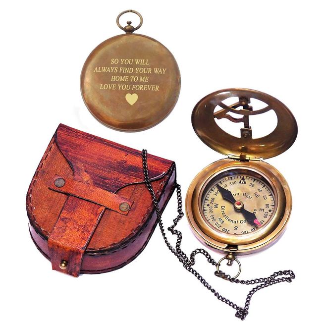 Engraved Sundial Compass with Leather case - Traveler Gift - Inspirational Gift - Adventurer Gift - Wedding Gift - Baptism Gift - Gift for him (Love You Forever)