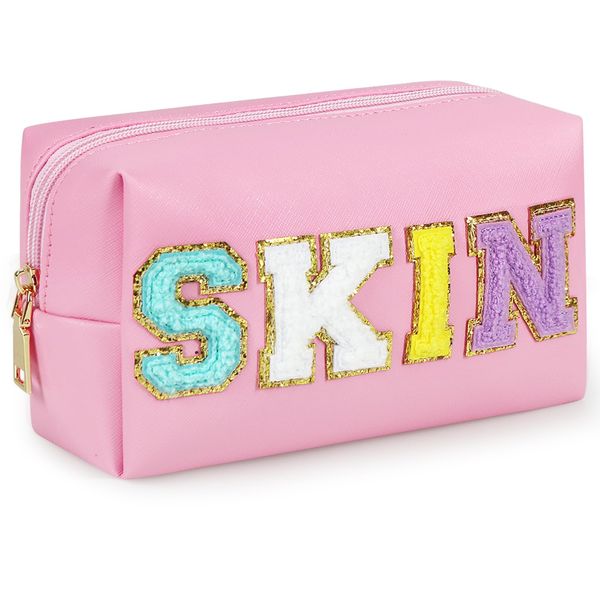 GINOYA Preppy Patch Makeup Bag, Synthetic Leather Patch Makeup Bag with SKIN Chenille Letter for Purse Diaper Bag Travel