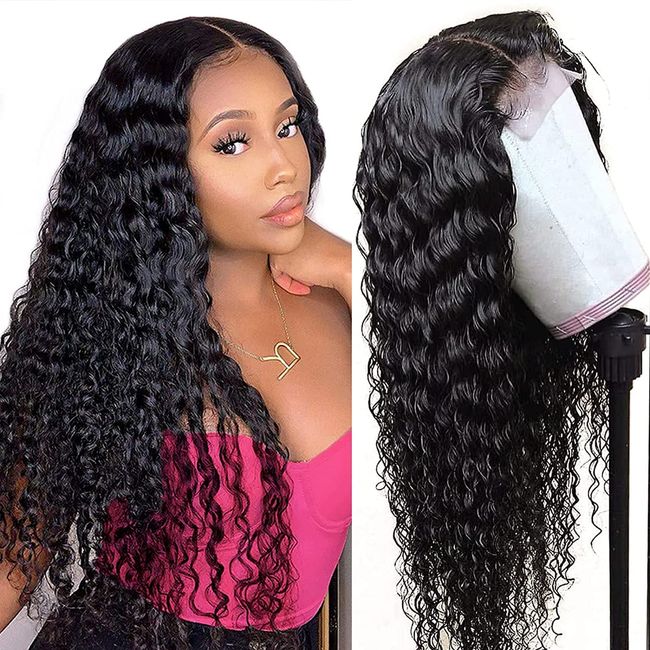 Human Hair Lace Front Wigs Deep Wave Wig 150% Density Pre Plucked Brazilian Virgin Human Hair 4x4 Lace Closure Wigs Deep Curly Wig with Baby Hairline Free Part Human Hair Wig for Black Women 20 Inch