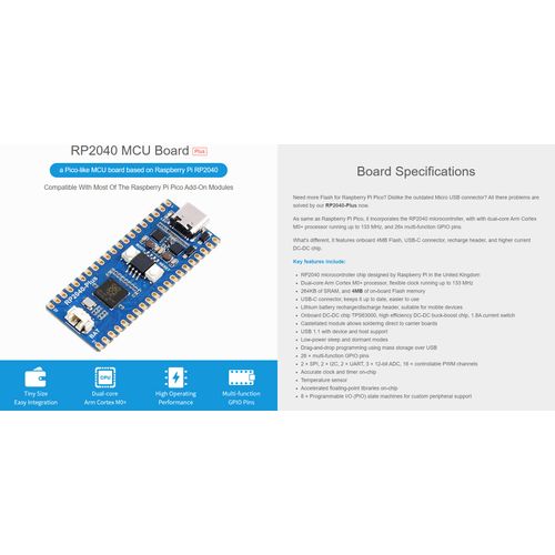 Waveshare RP2040-Plus, A Low-Cost, High-Performance Pico-Like MCU Board Based On Raspberry Pi Microcontroller RP2040 4MB with Pre-soldered Header