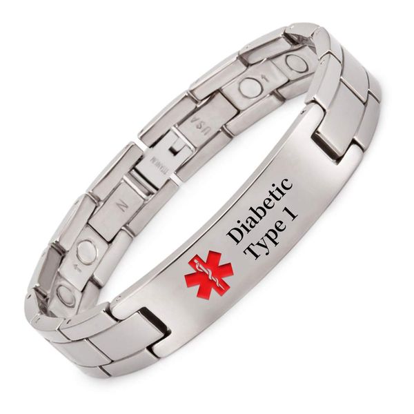 YINOX Health Magnetic Medical alert Bracelet for Men with Super Strong Magnets 22cm/12mm (Diabetic Type 1)