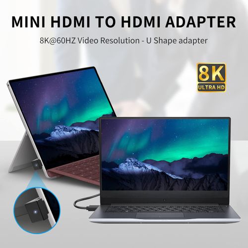 Duttek U Shape Mini HDMI to HDMI 8K Adapter, Down Angle HDMI to Mini Adapter, Support 8K @ 60Hz, 48Gbps for Camera/Laptop/Tablet/HDTV/Projector (Pack of 1)