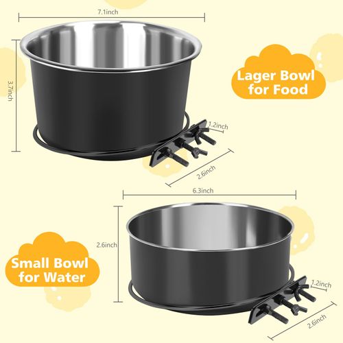 Large Dog Crate Water Bowl No Spill, 2 Pack Stainless Steel Dog Bowls for Food and Water, Pet Kennel Hanging Dogs Food Bowls for Medium/Large Dogs and Cats (7.1"x3.7" & 6.3"*2.6", Black)