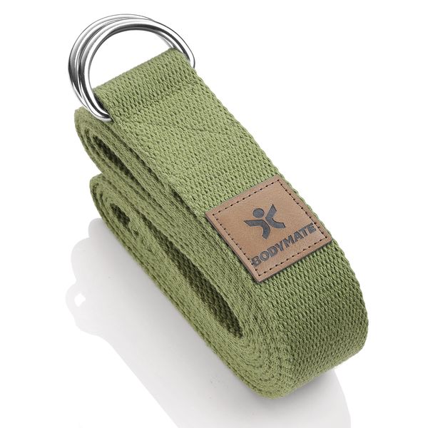 BODYMATE Yogagurt mit Verschluss aus Metall, Yoga-Band für Anfänger und Fortgeschrittene, Yoga-Schlaufe aus 100% Baumwolle, Yoga-Strap 250cm lang und 3,8 cm breit, Olive Green