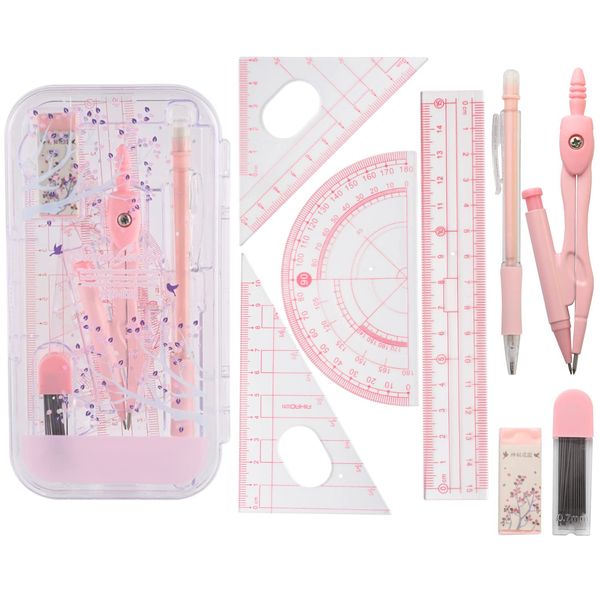 8 Pcs Math Geometry Set, Geometry Compass Sets School Drawing Compass and Protractor Set for Students' Mathematics Teaching and Learning Drawing Geometric Figures Kids Stationery Gifts Pink