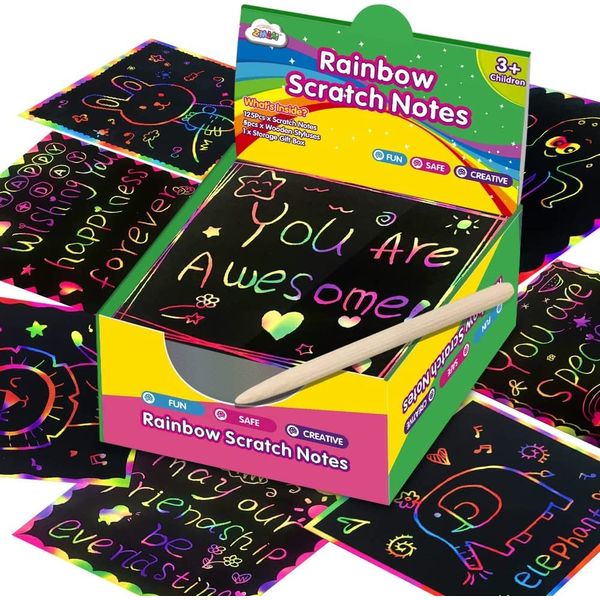 ZMLM Rainbow Scratch Mini Art Notes - 125 Magic Scratch Paper Note Cards for Kids Toy Arts Crafts DIY Party Favor Supplies for Girls Boys Birthday Halloween Christmas Stocking Stuffer Gift Box