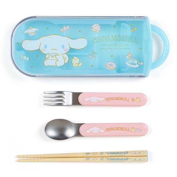 Sanrio 879002 Sanrio 879002 Spoon, Fork and Chopsticks Set of 3 for Children, Dishwasher and Dish Dryer Safe with Name Stickers, Made in Japan, Slide Case, Cinnamoroll, Cinnamoroll, Character