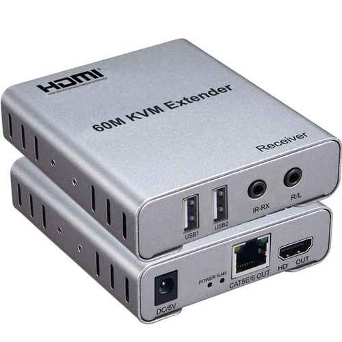 60M USB KVM HDMI Extender ，with 1080P R/L Audio by CAT5E Cat6 RJ45 Ethernet Cable Transmitter Receiver Audio Video Converter PC Laptop to TV Monitor