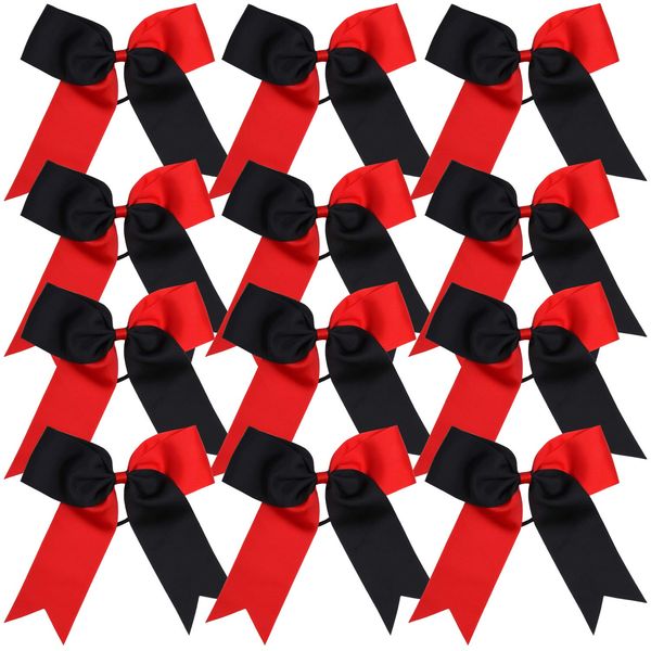 Cheerleading Bow Jumbo Cheer Bows 12 Pcs 7 Inch Ponytail Holder Cheerleader Bows Hair Tie (Red/Black)