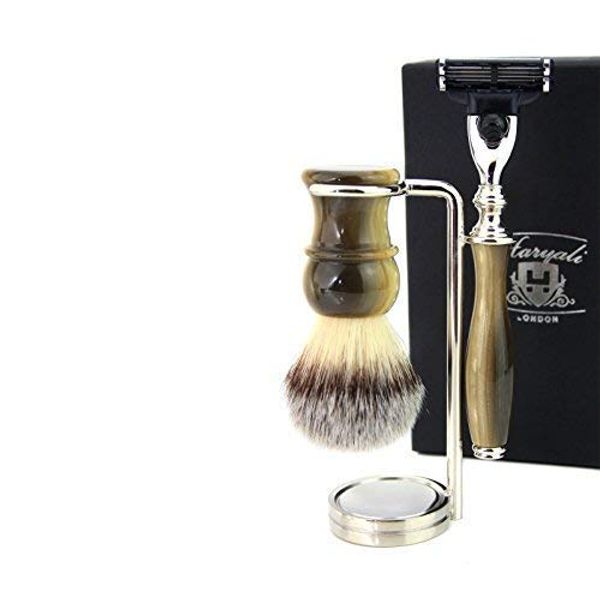 Vintage Style Shaving Set / Kit For Mens Synthetic Badger Hair Shaving Brush, 3 Edge Cartridge Razor and Stainless Steel Holder