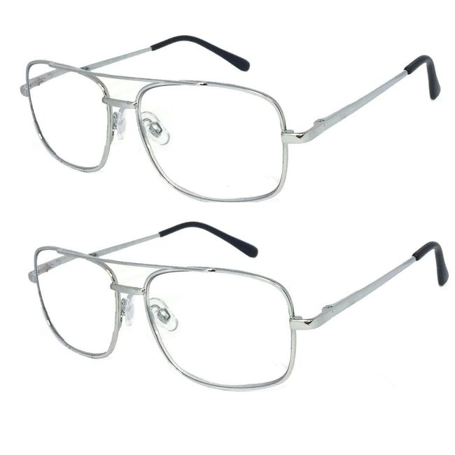 V.W.E. 2 Pairs Metal Frame Aviator No Line Progressive Clear Lens Spring Hinge Reading Glasses (Silver, 3.00)