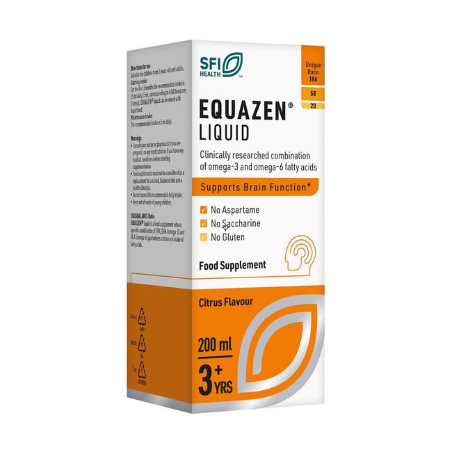 EQUAZEN Childrens Liquid | Omega 3 & 6 Supplement | Supports Brain Function | Blend of DHA, EPA & GLA | Suitable from 3+ to Adults | 200 ml Citrus Flavoured Liquid