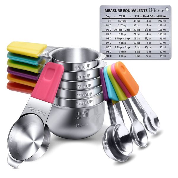 U-Taste Magnetic Measuring Cups and Spoons Set of 13 by 18/8 Stainless Steel, 7 Cups & 5 Spoons with 1 Professional Magnetic Measurement Conversion Chart (Color)