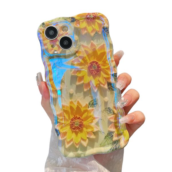 XIZYO Colorful Retro Oil Painting Flower Case for iPhone 14 Plus/15 Plus, Curly Wave Laser Glossy Cute Floral Aesthetic Phone Case, Girls Women Slim Soft TPU Shockproof Cover, Sunflower/Green