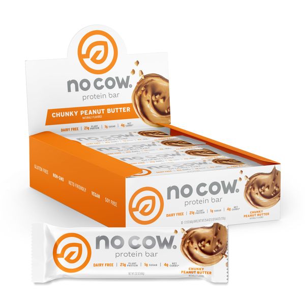 No Cow High Protein Bars, Chunky Peanut Butter, 21g Plant Based Vegan Protein, Keto Friendly, Low Sugar, Low Carb, Low Calorie, Gluten Free, Naturally Sweetened, Dairy Free, Non GMO, Kosher, 12 Pack