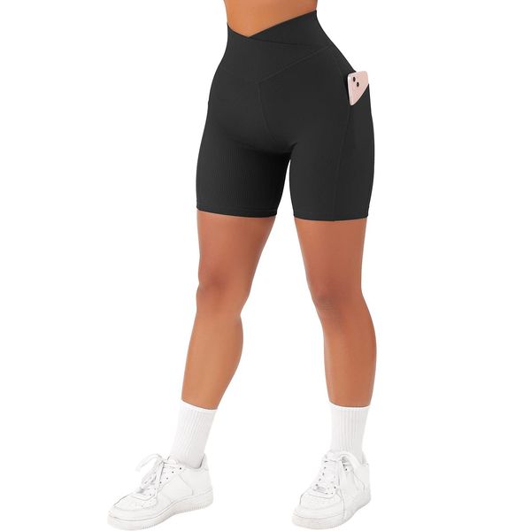 SUUKSESS Women Cross Waist Workout Shorts with Pockets Ribbed High Waisted Booty Biker Shorts (#1 Black, XL)