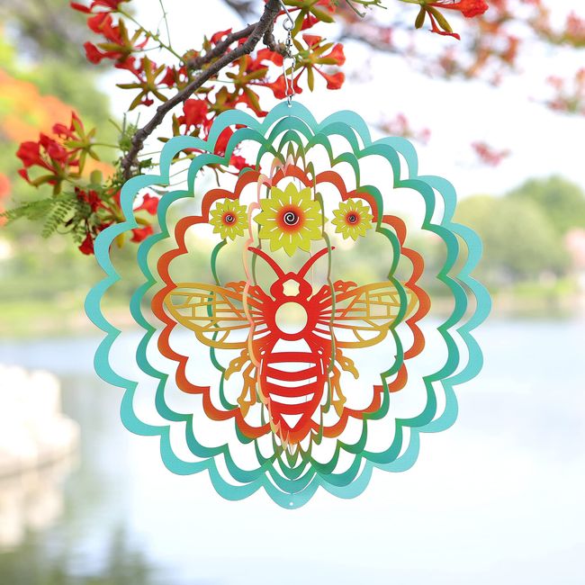 HDNICEZM Kinetic 3D Metal Bee Wind Spinner Hanging Ornament Worth Gift for Home and Garden - 12inch Bee Mandala Kinetic Hanging Whirligigs Sun Catcher Windmills