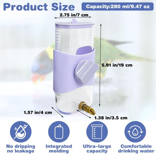 PINVNBY Bird Water Dispenser 9.47 Fl Oz Automatic Parrot Water Feeder Suspended Water Dispenser Bird Cage Accessories for Parakeet Budgie Lovebird Cockatiel Finch (Purple)